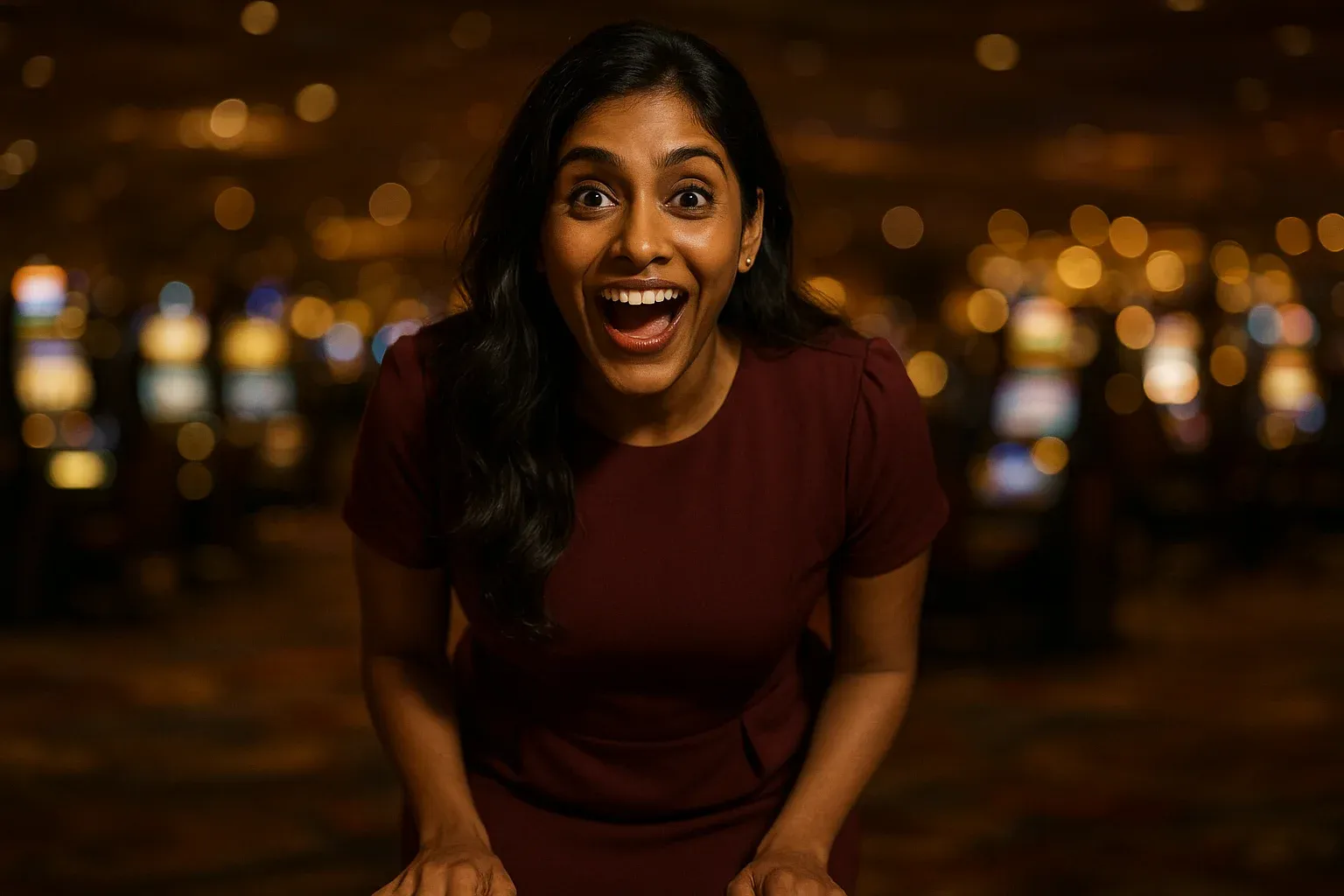 Excited Bangladeshi woman leaning forward in modern dress on casino floor