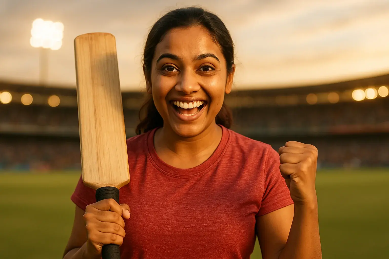 Excited Bangladeshi woman holding cricket bat in blurred stadium background