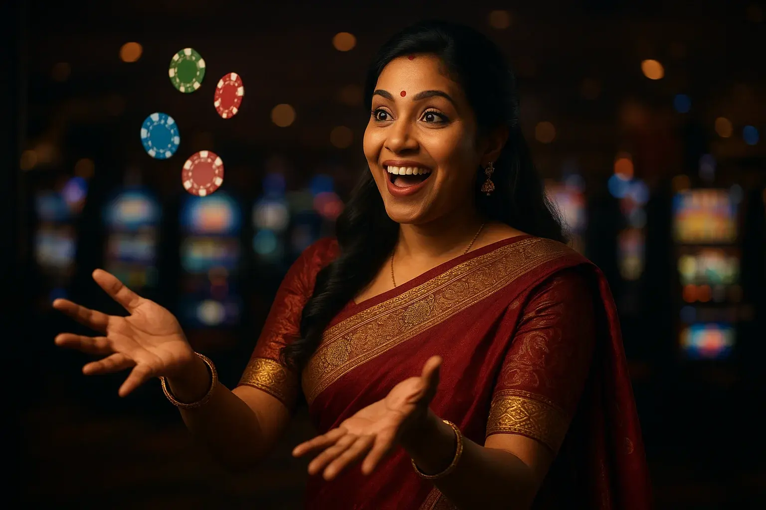 Excited Bangladeshi woman in elegant saree catching falling casino chips