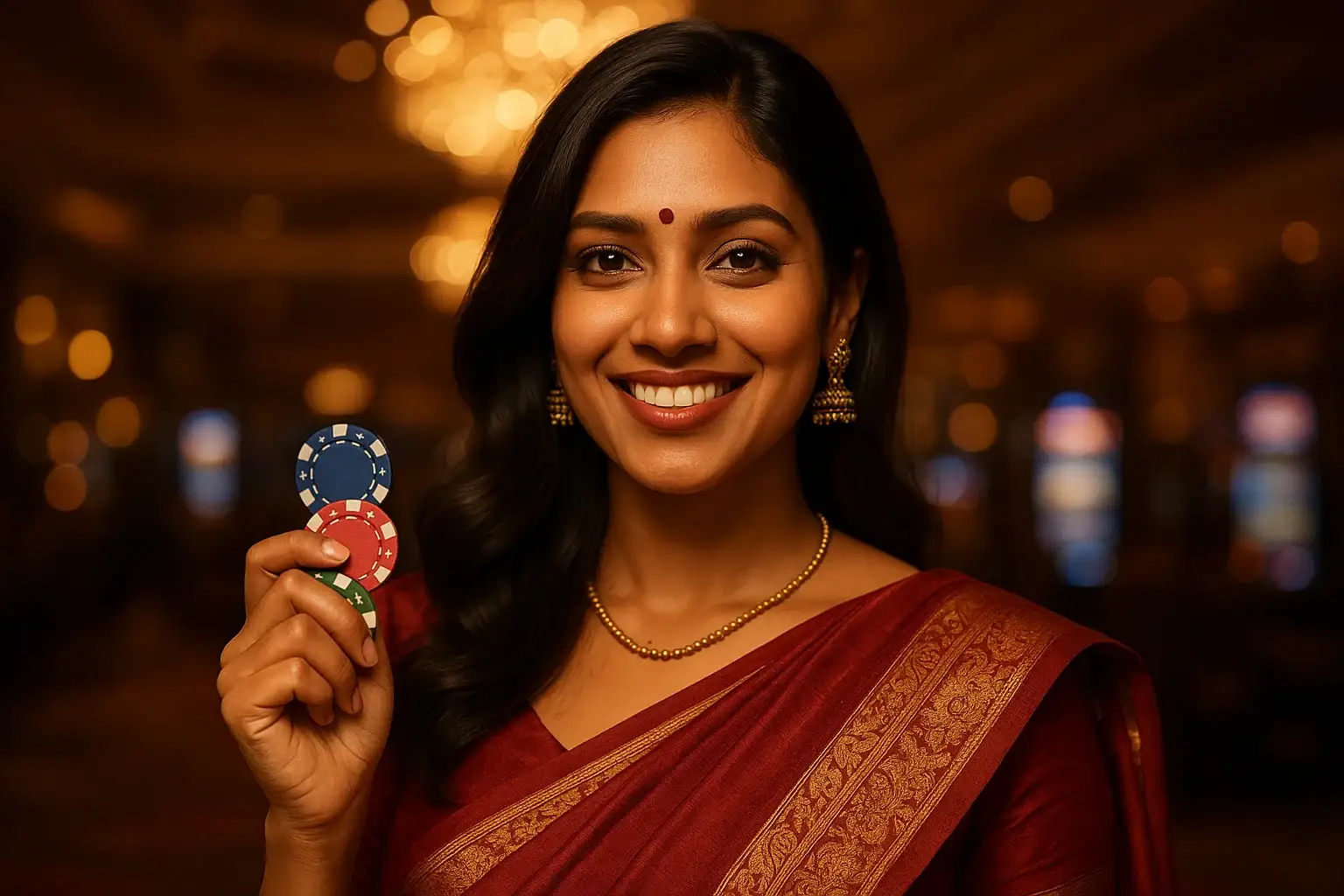 Confident Bangladeshi woman in saree holding casino chips in VIP casino