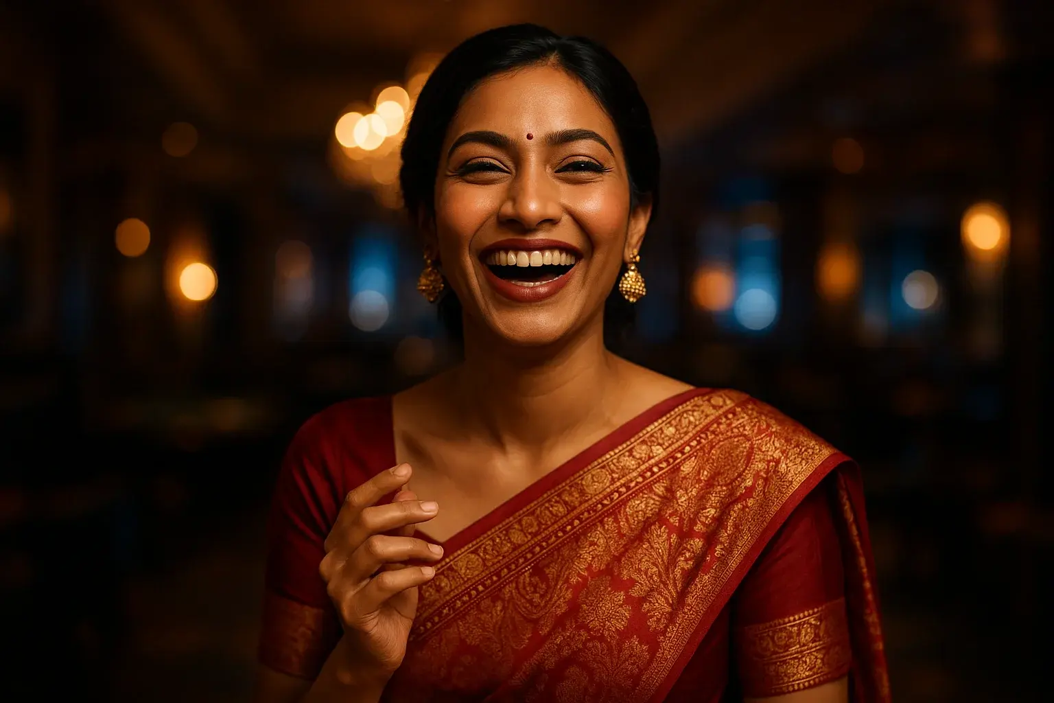 Sophisticated Bangladeshi woman in elegant saree laughing in VIP casino lounge