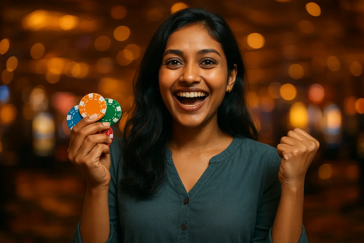 Joyful Bangladeshi woman holding casino chips, blurred neon casino background